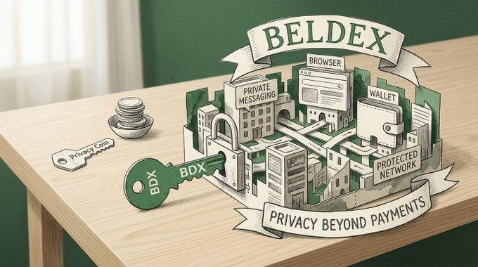 Promotional graphic for BELDEX with tagline 'PRIVACY BEYOND PAYMENTS', featuring illustrations of a 'Privacy Coin', a key labeled BDX, and features like Browser, Private Messaging, Wallet, and Protected Network.