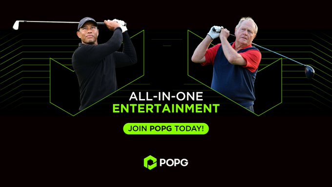 A promotional advertisement for POPG featuring Tiger Woods and another golfer, with the text 'ALL-IN-ONE ENTERTAINMENT' and a 'JOIN POPG TODAY!' button.