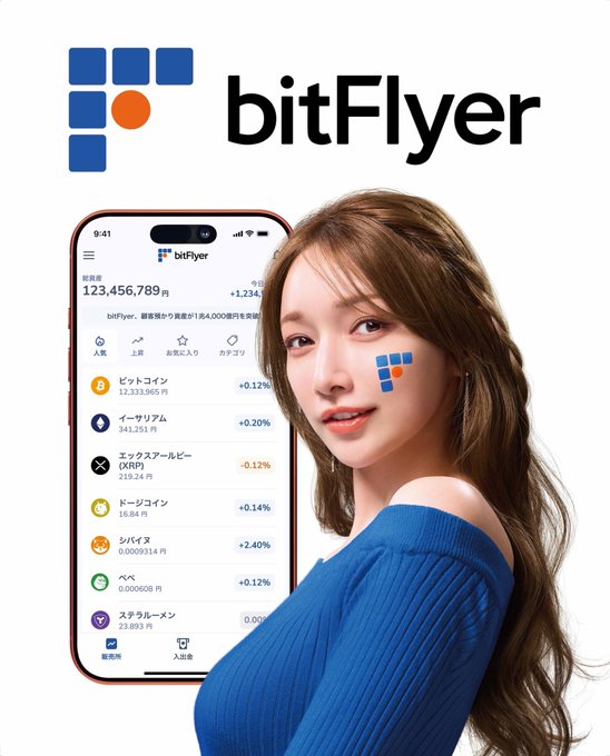 The image shows an advertisement for bitFlyer, a Japanese cryptocurrency exchange, featuring a young woman in a blue top alongside a smartphone displaying a portfolio of 123,456,789 yen with listings of cryptocurrencies like ビットコイン (Bitcoin), イーサリアム (Ethereum),  XRP, ネーションコイン, and others. The advertisement appears to promote the platform's cryptocurrency trading services.

Regarding the post's connection to the image: The post mentions "XLM is also an important stock" and discusses investor errors, but the image itself is a bitFlyer crypto exchange advertisement that doesn't visibly mention XLM. The relationship between the post and image seems to be coincidental — the image is simply promotional material for a cryptocurrency trading platform, while the post expresses concern about trading mistakes. If the post is meant to reference this ad, the connection is unclear since the ad focuses on bitFlyer's general crypto offerings rather than addressing XLM or trading errors specifically.