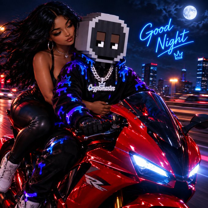 A stylized digital artwork shows a person wearing a voxel-style mask riding a red motorcycle with a woman passenger at night under a full moon, with neon text reading 'Good Night' and 'Cryptomaster' on the rider's shirt.