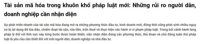 A Vietnamese news headline reads "Tài sản mã hóa trong khuôn khổ pháp luật mới: Những rủi ro người dân, doanh nghiệp cần nhận diện" (Crypto assets under the new legal framework: Risks citizens and businesses need to identify), discussing emerging risks in the cryptocurrency market. The accompanying post elaborates that Vietnam's Ministry of Public Security proposes penalties including fines up to 10 billion VND or 3-7 years imprisonment for individuals, and up to 20 billion VND for legal entities, for violations related to crypto market activities.