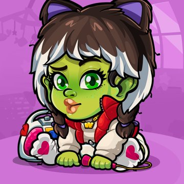 An illustration of a cute chibi-style female orc character with green skin, white-streaked brown hair, cat ears, and a red jacket, sitting on a purple background.