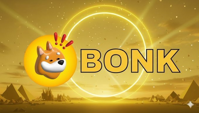A digital graphic featuring a Shiba Inu dog face emoji with red exclamation marks next to the word 'BONK' in bold black letters, set against a glowing yellow circular background with a stylized desert landscape.
