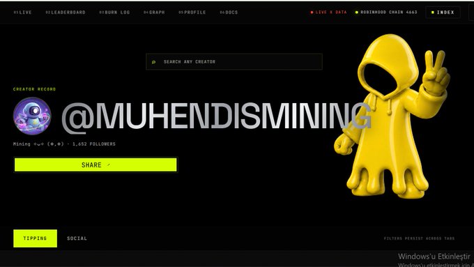 A screenshot of a creator profile page for @MUHENDISMINING showing mining-related content, a yellow Share button, and a 3D yellow hooded figure making a peace sign.