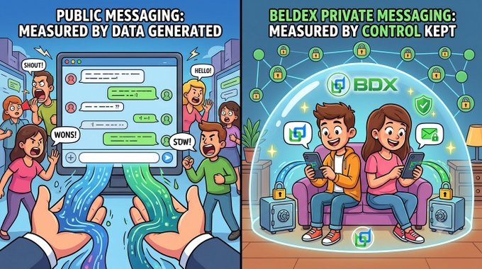 A comparison graphic showing 'PUBLIC MESSAGING: MEASURED BY DATA GENERATED' versus 'BELDEX PRIVATE MESSAGING: MEASURED BY CONTROL KEPT' featuring the BDX logo.