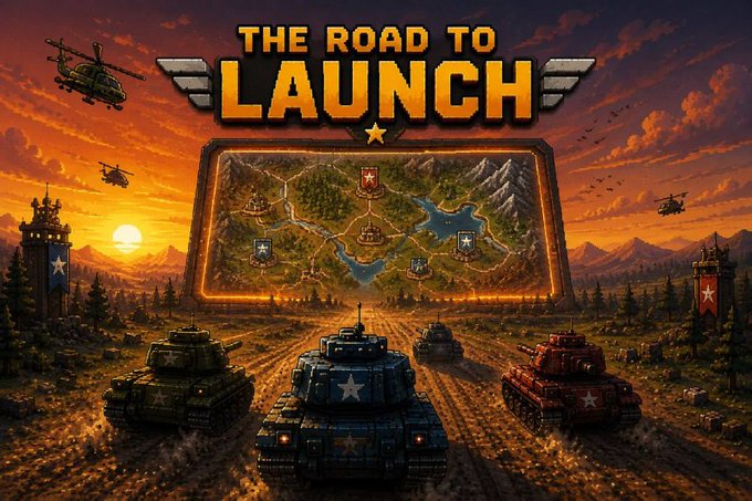 Video game promotional artwork titled 'THE ROAD TO LAUNCH' depicting military tanks, helicopters, and a tactical map against a dramatic sunset battlefield.