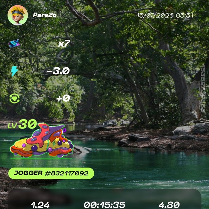 A STEP'N app overlay set against a forest stream background, displaying a Level 30 JOGGER sneaker with a multiplier of x7, an energy loss of -3.0, and stats of 1.24 km in 00:15:35.