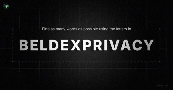 A dark promotional graphic with text reading 'Find as many words as possible using the letters in BELDEXPRIVACY' and the beldex.io logo in the corner.