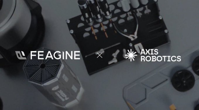 A promotional image announcing a partnership between 'FEAGINE' and 'AXIS ROBOTICS,' shown over a background of robotic hardware.