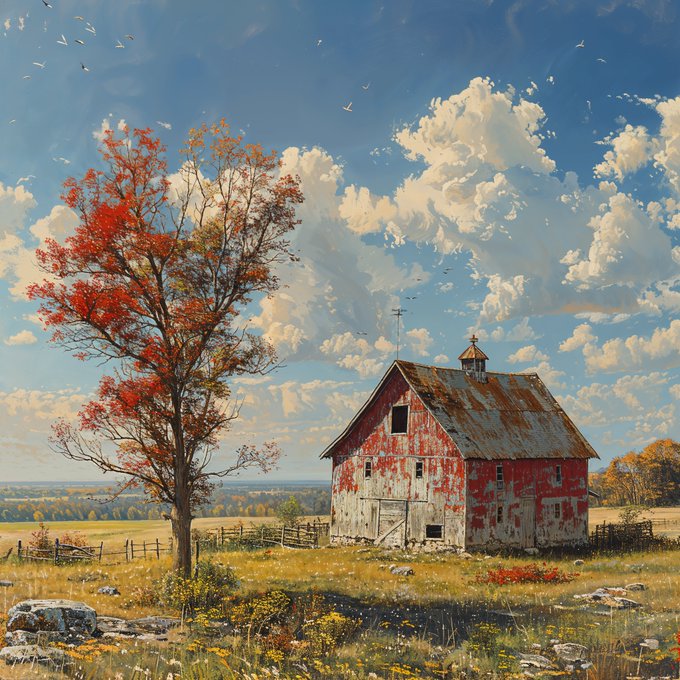 A vibrant landscape painting featuring a weathered red barn beside a tree with fiery red autumn leaves, set against a dramatic sky filled with billowing clouds and birds.