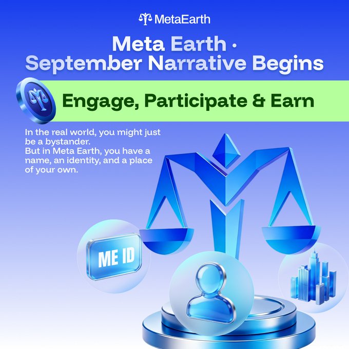 A Meta Earth promotional graphic announcing 'September Narrative Begins' with the tagline 'Engage, Participate & Earn,' featuring 3D icons representing ME ID, user identity, and digital buildings.