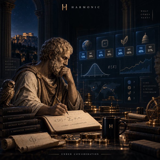A stylized image from 'Harmonic' featuring a classical Greek statue writing the expected value formula E[X] = Σ pi·xi, juxtaposed with modern prediction market data showing 'Yes/No' probability percentages.