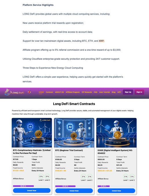 A webpage screenshot for Long DeFi, featuring platform service highlights about cloud computing for digital assets like BTC, ETH, and XRP, along with three Smart Contract investment plans.