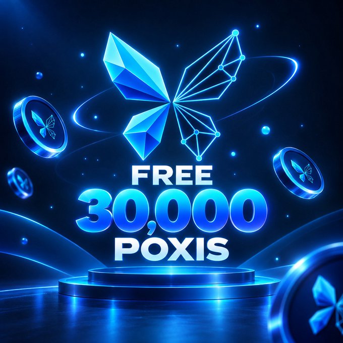 The image is a promotional graphic featuring a glowing blue crystal/butterfly emblem with "FREE 30,000 POXIS" displayed prominently on a neon-lit podium, surrounded by floating coin tokens branded with the same symbol—designed to advertise the giveaway of 30,000 $POXIS tokens to the first 1,000 followers as mentioned in the post.
