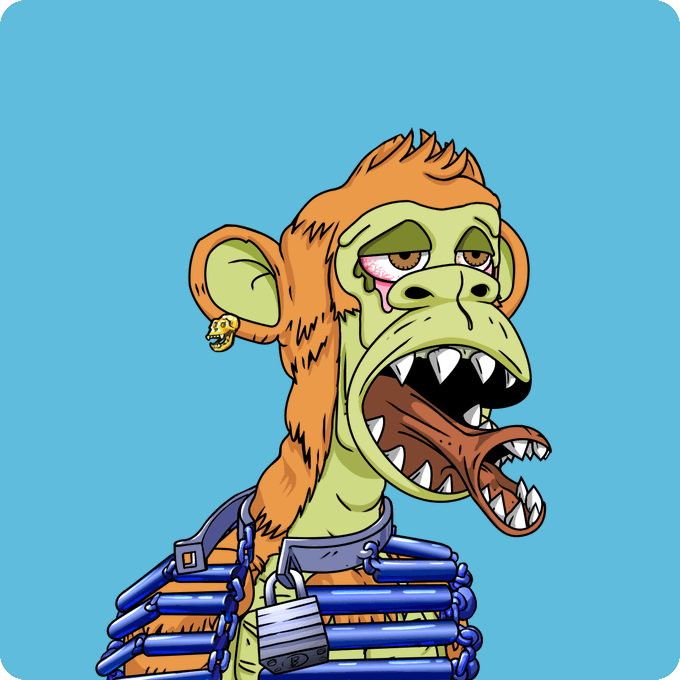 A cartoon monkey with orange fur, sharp teeth, and a gold earring is shown with its mouth wide open, wearing a chain around its neck against a blue background.