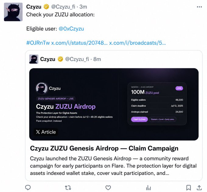 A Twitter post from @Czyzu_fi announcing a 'ZUZU Airdrop' with a 100M ZUZU pool, 48,200 eligible wallets, and a July 12 deadline.