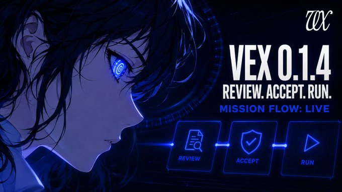 Promotional graphic for 'VEX 0.1.4' with the tagline 'REVIEW. ACCEPT. RUN.' and 'MISSION FLOW: LIVE' alongside an anime-style character with a glowing blue eye.