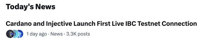 A news headline reading 'Today's News: Cardano and Injective Launch First Live IBC Testnet Connection' posted 1 day ago in the News category with 3.3K posts.