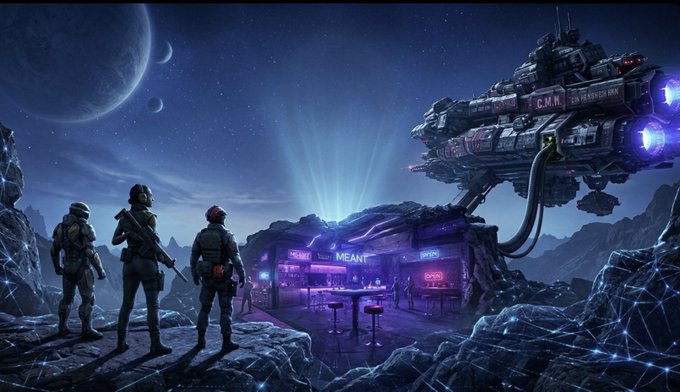 Three armed figures stand on a rocky alien landscape beneath a starry sky with distant planets, gazing at a neon-lit bar labeled "MEANT" as a massive spaceship marked "C.M.N. NEW RESEARCH ARM" hovers overhead—visually capturing the immersive, click-to-play sci-fi adventure world promoted by Gala Games.