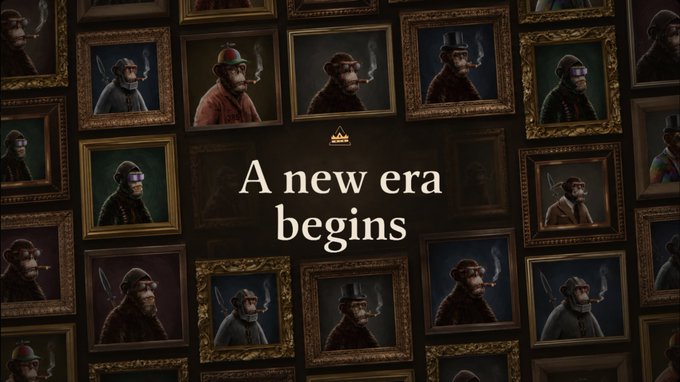 A promotional graphic with the text 'A new era begins' displayed against a wall of framed portraits featuring monkeys in various outfits smoking cigars, with a small crown logo above the text.