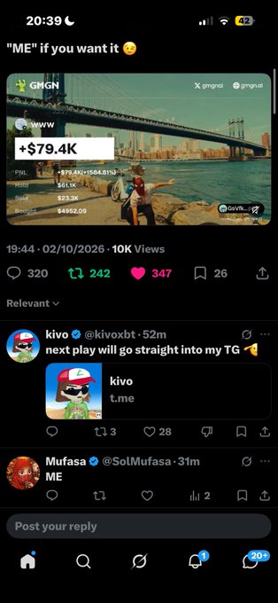 A mobile app screenshot showing a GMGN trading post for 'wwxx' displaying a +$79.4K PNL, followed by a reply from user @kivoxbt saying 'next play will go straight into my TG'.