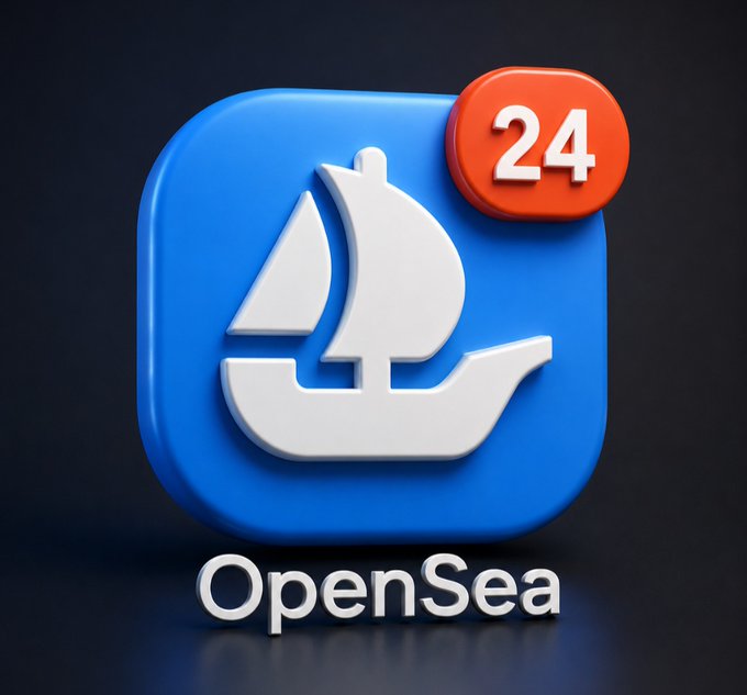 A 3D-style OpenSea app icon featuring a white sailboat on a blue background with a red "24" notification badge, displayed above the "OpenSea" text, illustrating the post's announcement about the new OpenSea mobile app for NFT collectors and traders.