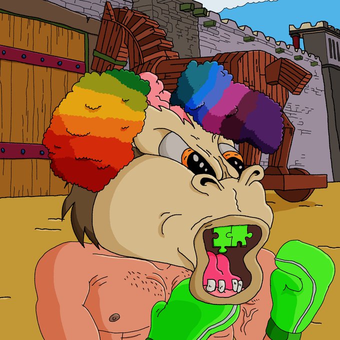 A cartoon character with rainbow-colored afro hair wearing green boxing gloves with a piece of green gum stuck to its tongue.