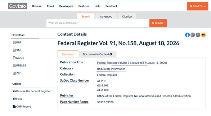 A screenshot of a GovInfo webpage displaying the Content Details for Federal Register Vol. 91, No. 158, published August 18, 2026. The page lists the publication as "Regulatory Information" from the Office of the Federal Register, with page numbers 53357-53520, providing context for the proposed GENIUS Act stablecoin regulations referenced in the accompanying post.