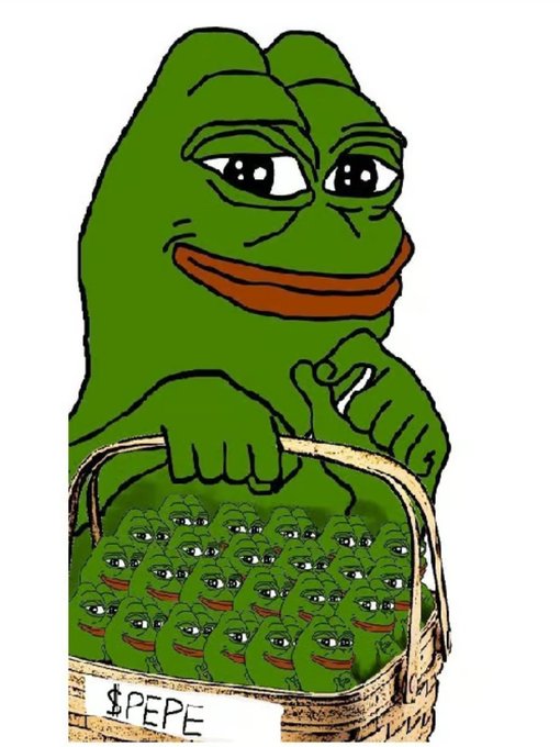 An illustration of a green Pepe the Frog character holding a basket filled with smaller Pepe frogs, with the text '$PEPE' displayed on the basket.