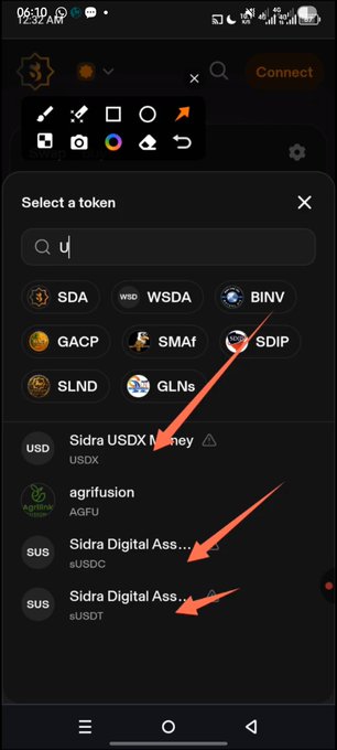 A screenshot of a digital wallet interface displaying a token selection menu with red arrows pointing to "Sidra USDX Money (USDX)", "Sidra Digital Assets (sUSDC)", and "Sidra Digital Assets (sUSDT)", highlighting the stablecoins within the Sidra ecosystem to support the claim about $SDA's potential value.