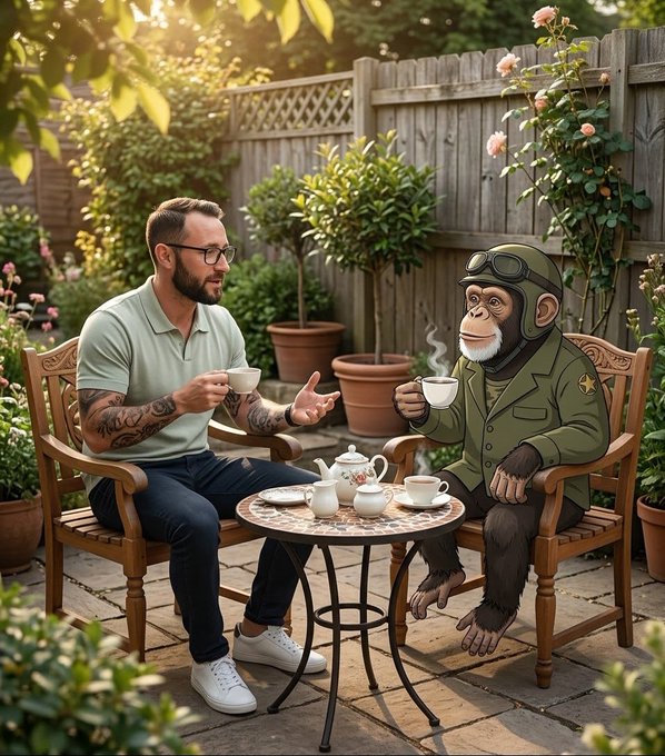 An illustration of a man with glasses and tattoos having tea with a chimpanzee dressed in a military pilot outfit and goggles in a garden setting.