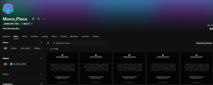 A screenshot of a MomoPiece NFT wallet interface on the Vulcan blockchain, displaying a collection called 'QUANTUM STITCHES' containing 16 items with 'SUPERPOSITION' themes.
