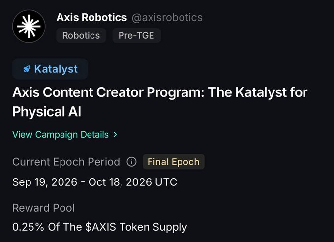 A social media post from Axis Robotics (@axisrobotics) promoting the 'Axis Content Creator Program: The Katalyst for Physical AI' campaign, running from Sep 19, 2026 - Oct 18, 2026 UTC in its Final Epoch, with a reward pool of 0.25% of the $AXIS token supply.