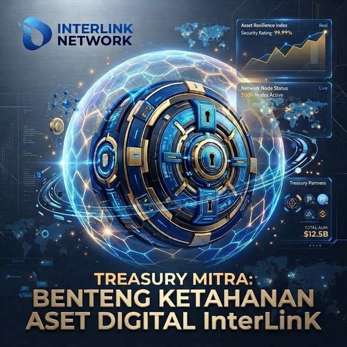Promotional graphic for InterLink Network featuring a stylized digital vault/safe with security metrics (Security Rating: 99.99%, 500+ Nodes Active) and Treasury Partners totaling $12.5B, titled 'TREASURY MITRA: BENTENG KETAHANAN ASET DIGITAL InterLink'.