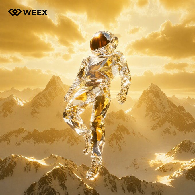 The image features a golden, crystalline astronaut floating above a mountain range under a golden sky, with the text "WEEX" displayed in the top-left corner. The figure's diamond-like, refractive body and the "GM Hodl firm 💎" post's reference to holding firmly align with the astronaut's solid, unbreakable appearance, symbolizing resilience and strength in the crypto space.