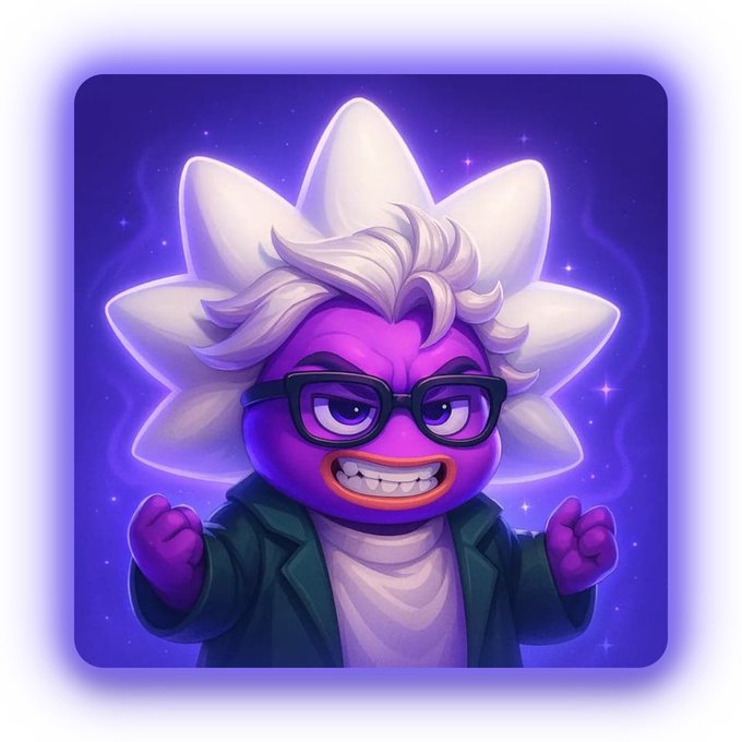A stylized cartoon character with spiky white hair resembling a flower, purple skin, thick black glasses, and a wide toothy grin poses confidently against a sparkly purple cosmic background.