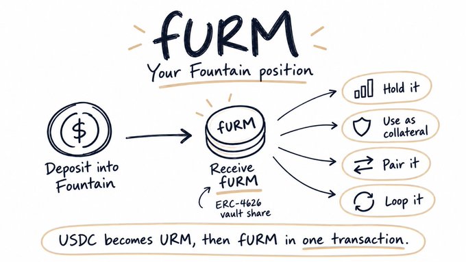 A hand-drawn diagram explains the FURM token concept, showing how depositing into Fountain yields FURM (an ERC-4626 vault share) that can be held, used as collateral, paired, or looped.