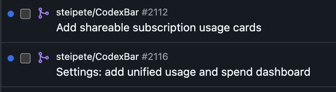 A GitHub repository view showing two unchecked issues from 'steipete/CodexBar' titled 'Add shareable subscription usage cards' (#2112) and 'Settings: add unified usage and spend dashboard' (#2116).