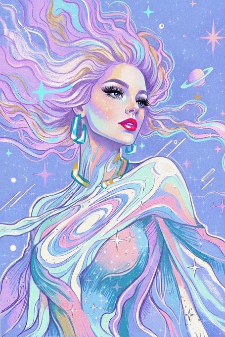 A vibrant, psychedelic illustration of a woman with flowing pastel pink and blue hair, wearing red lipstick and a swirling galaxy-patterned dress against a starry blue background.