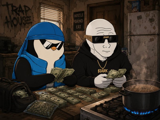 A cartoon-style illustration showing two figures counting stacks of US dollar bills at a wooden table in a run-down room labeled 'TRAP HOUSE', with a pot cooking on a gas stove and a bag of greens nearby.