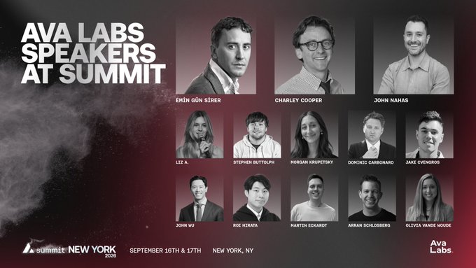 The image is a promotional graphic for Ava Labs speakers at the Avalanche Summit New York 2024, featuring black-and-white headshots of 13 speakers including Emin Gün Sirer, Charley Cooper, John Nahas, Liz A., Stephen Buttolph, Morgan Krupetsky, Doménic Carònero, Jake Cyganoros, John Wu, Roc Hieata, Martin Eckardt, Arjan Schlosberg, and Olivia Vande Woude. The event takes place September 16th & 17th in New York, NY, aligning with the post's invitation for attendees to hear from leading voices about the next phase of Avalanche.