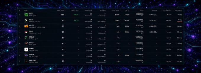 A cryptocurrency market dashboard showing coins like MCH, PCAT, PEECY, COIN, PTSA0, MCAT, UAMP, CRAZE, and PAYLOAD with their prices and stats on a dark circuit-board themed background.