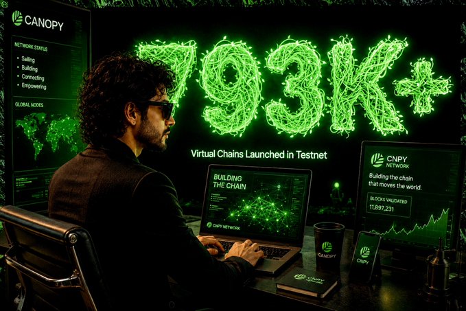 A man wearing glasses works on a laptop displaying 'CNPY NETWORK' and 'BUILDING THE CHAIN,' while behind him a large glowing green '703X+' sign indicates 'Virtual Chains Launched in Testnet,' with 11,897,231 blocks validated shown on another monitor.