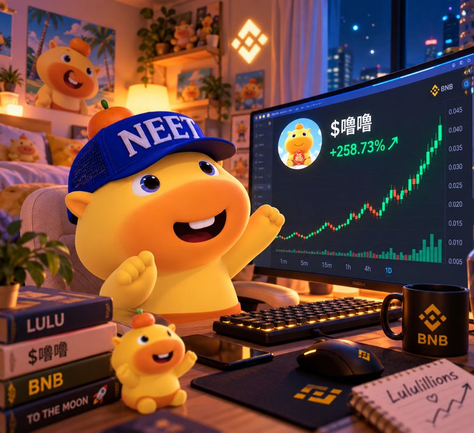 A yellow cartoon character wearing a blue 'NEET' cap cheers in front of a computer monitor displaying a BNB cryptocurrency chart with a +258.73% gain, set in a cozy room.