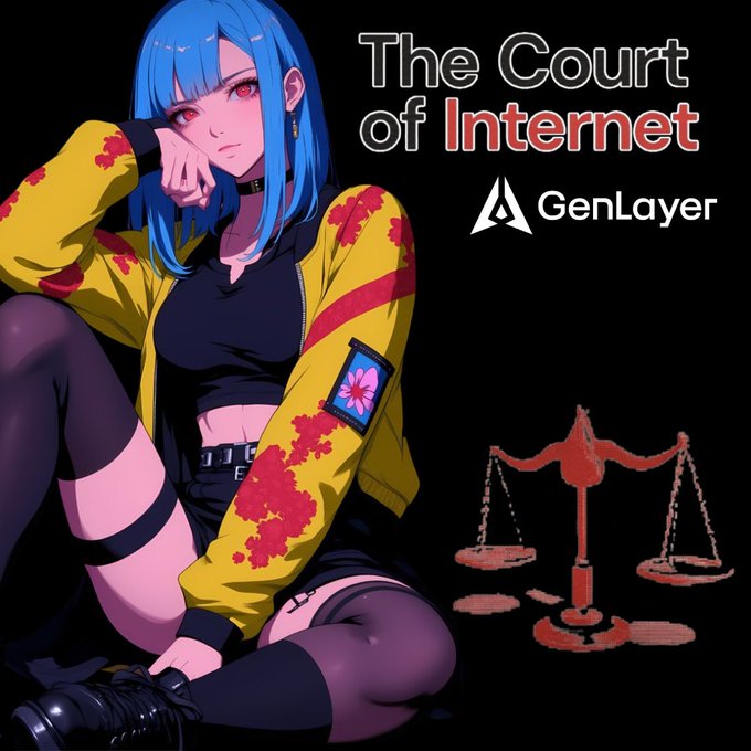 An anime-style promotional graphic featuring a blue-haired character alongside the text 'The Court of Internet' and the GenLayer logo, with a scale of justice illustration.