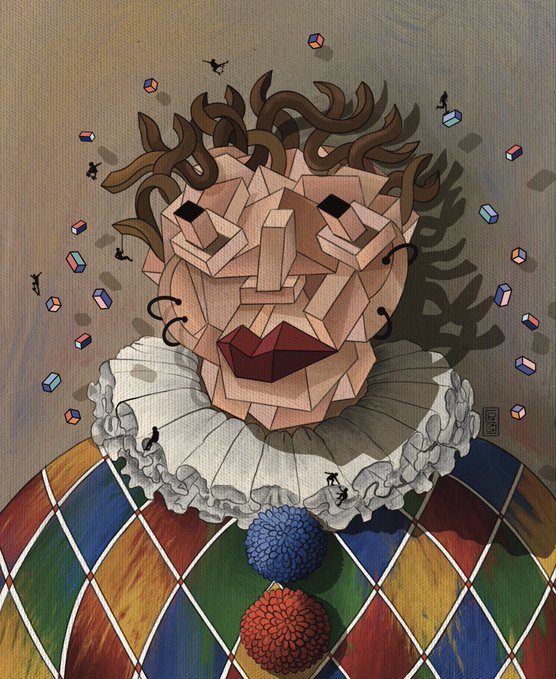 The image features a cartoon clown with a face made of small pieces, wearing a colorful outfit that includes a ruffled collar and a red nose. The background is filled with various shapes and colors, creating an abstract scene. The caption "gm + Happy #TEZOSTUESDAY" suggests the image might be related to a specific event or celebration on a particular day of the week.