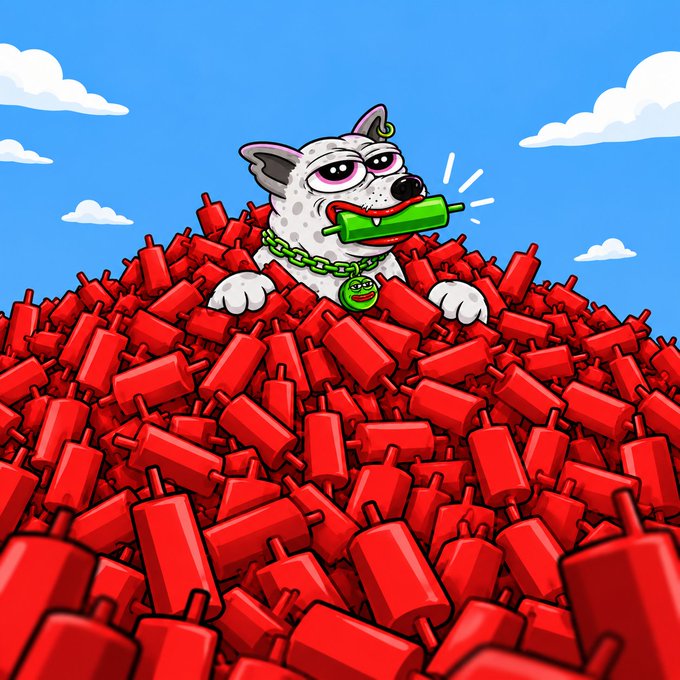 A cartoon illustration of a white dog with pink eyes and a green chain biting a green stick, buried under a massive pile of red USB power adapters with a blue sky background.