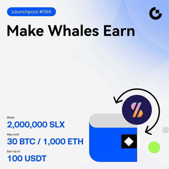 A promotional graphic for Launchpool #366 titled "Make Whales Earn," showing details to share 2,000,000 SLX with a max limit of 30 BTC / 1,000 ETH to earn up to 100 USDT.