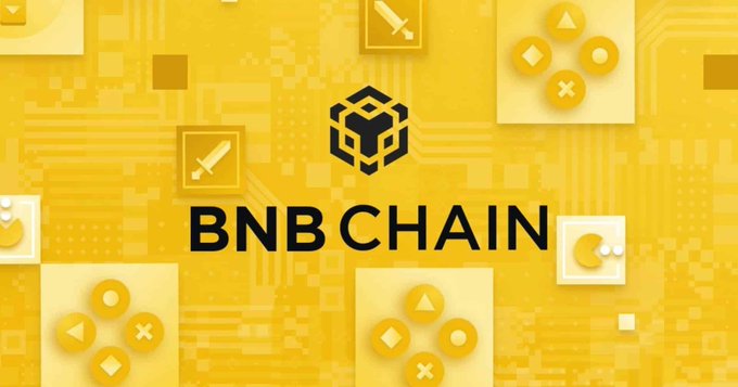 A promotional graphic for 'BNB CHAIN' featuring a yellow background with pixel art and Pac-Man inspired button designs.