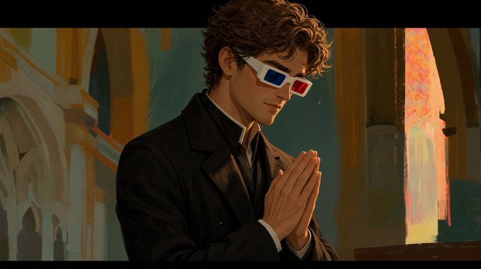 An illustrated portrait of a curly-haired man wearing 3D glasses and a dark suit, with his hands clasped together as if praying, set against a painted background of architectural arches.